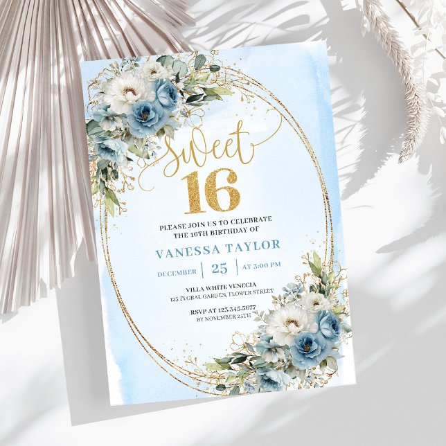 Invitation Feminine Dusty Blue Floral Sweet Sixteen Invite (Feminine Dusty Blue Floral Sweet Sixteen Invitation)