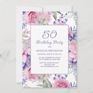Invitation Féminine Fleurs Roses et Violettes 50e Anniversair