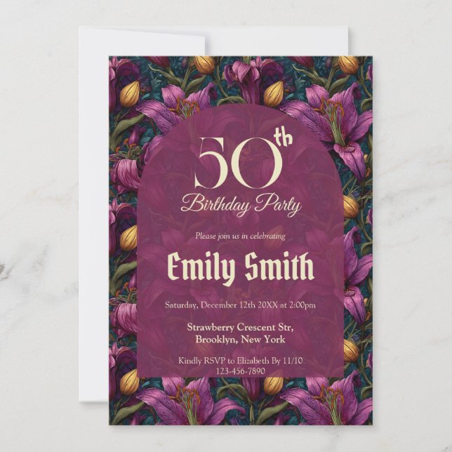 Invitation Feminine Lilies Sparkle Surprise Birthday (Devant)
