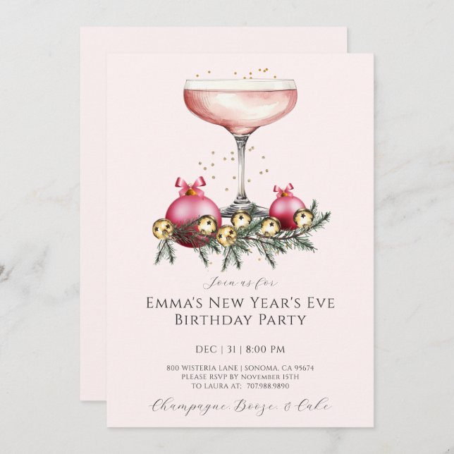 Invitation Feminine Pink Champagne New Years Eve Birthday  (Devant / Derrière)