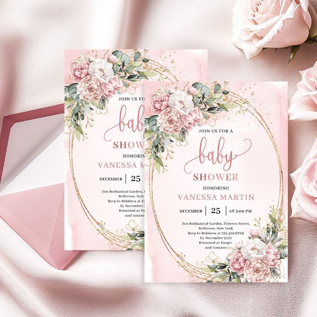 Invitation Feminine Rose Gold Floral Eucalyptus Baby Shower  (Feminine Rose Gold Floral Eucalyptus Baby Shower Girl)