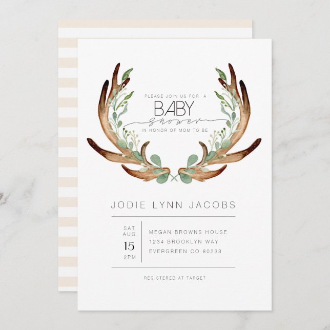 Invitation Feminine Russe Antlers | Baby shower aquarelle (Devant / Derrière)