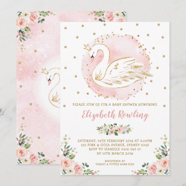 Invitation Feminine Swan Princess Baby shower d'or rose (Devant / Derrière)