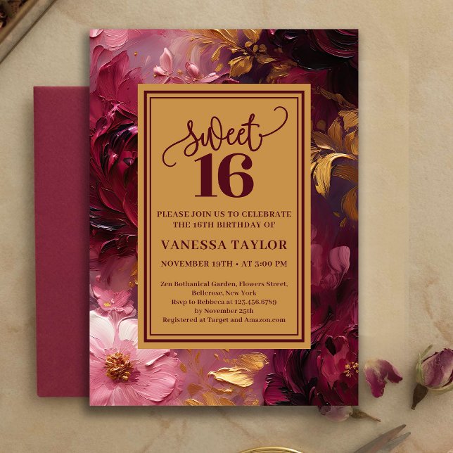 Invitation Feminine Sweet Sixteen Burgundy Floral Gold Invite (Feminine Sweet Sixteen Burgundy Floral Gold Invite)