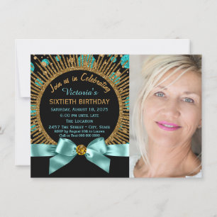 Invitation Femme 60e anniversaire Turquoise bleu et or photo 