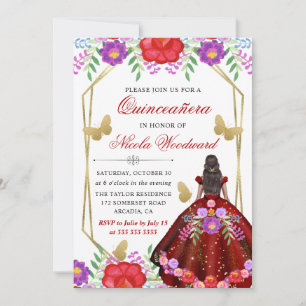 Invitation Femme à peau noire Mexicaine Robe Florale Quinceañ