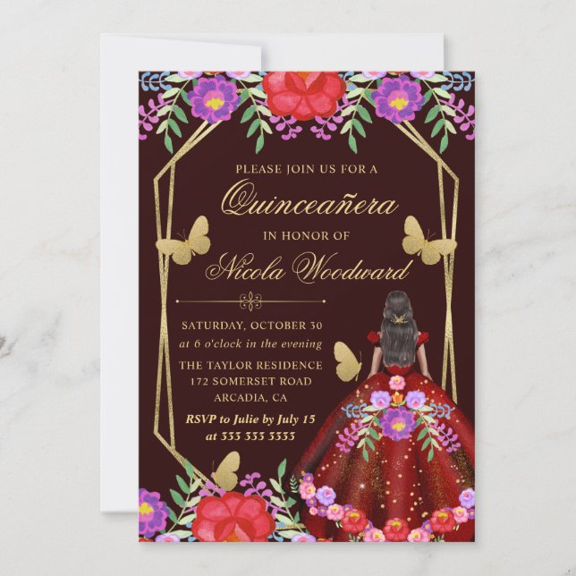 Invitation Femme à peau noire Mexicaine Robe Florale Quinceañ (Devant)
