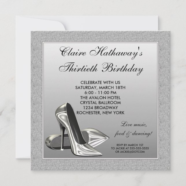 Invitation Femme à talons hauts en argent 30e anniversaire (Devant)