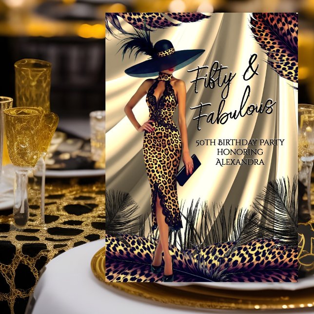 Invitation Femme Anniversaire Fabuleuse Noir Or Léopard plume (Créateur téléchargé)