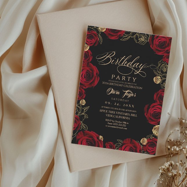 Invitation Femme Anniversaire Rouge Or Roses (Créateur téléchargé)