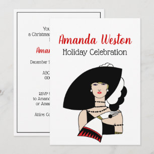 Invitation Femme Art Déco de Noël portant un chapeau des gant