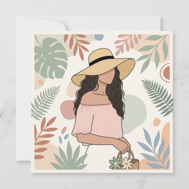 Invitation Femme au chapeau de paille avec des fleurs (Devant)