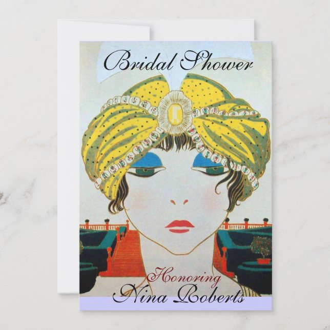 INVITATION FEMME AU TURBAN JAUNE ORIENTAL BRIDAL SHOWER (Devant)
