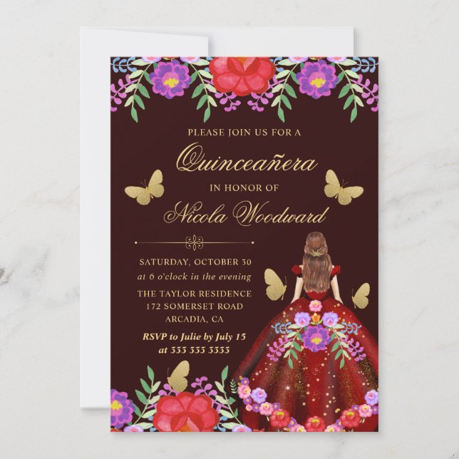 Invitation Femme aux cheveux rouges en robe florale mexicaine (Devant)
