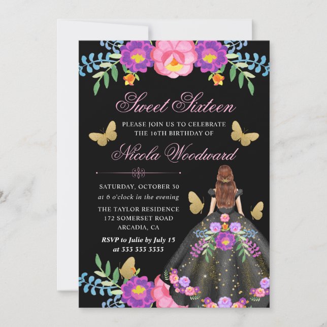 Invitation Femme aux cheveux rouges en robe florale mexicaine (Devant)