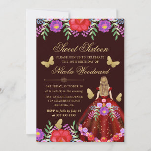 Invitation Femme blonde en robe florale mexicaine Sweet 16