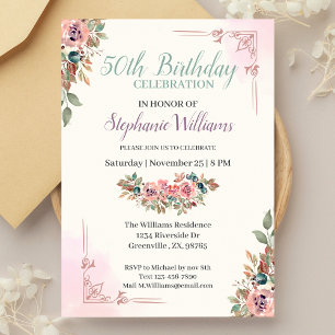 Invitation Femme Classique Floral Élégante 50e fête d'anniver
