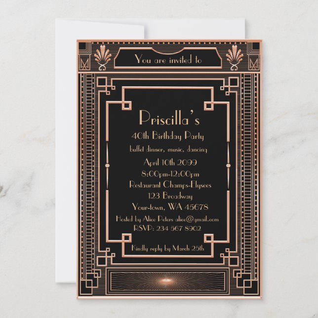 Invitation Femme de fête d'anniversaire, or rose, Gatsby, (Devant)