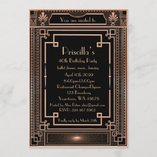 Invitation Femme de fête d'anniversaire, or rose, Gatsby,