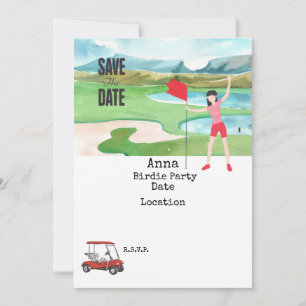 Invitation Femme de golf avec voiturette de golf rouge sur ve