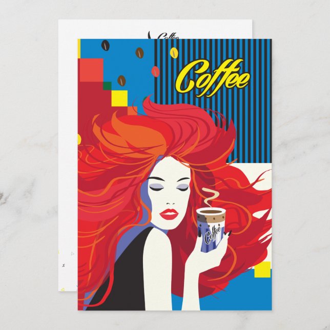 Invitation "Femme de mode magnifique avec tasse de café" Pop  (Devant / Derrière)