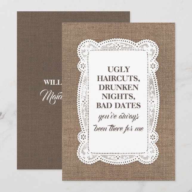 Invitation Femme d'honneur rustique amusante / La servante d' (Devant / Derrière)