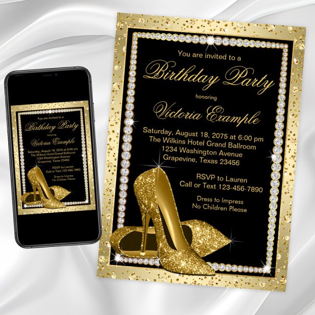 Invitation Femme Elégante Noir Or Haut talon Chaussure Annive (Womans black and gold high heel shoe birthday party invitation. Gold shoes diamonds birthday invite.)