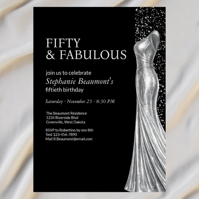 Invitation Femme Élégante Robe Argentée Fabuleuse 50e Anniver (Créateur téléchargé)
