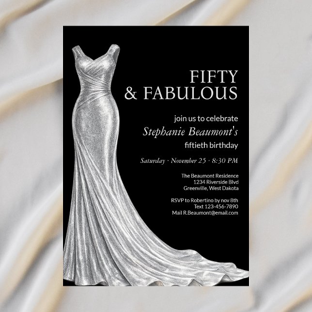Invitation Femme Élégante Robe Argentée Fabuleuse 50e Anniver (Créateur téléchargé)