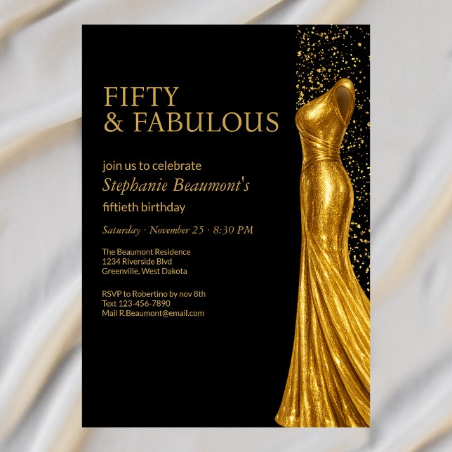 Invitation Femme Élégante Robe Dorée Fabuleuse 50e Anniversai (Créateur téléchargé)