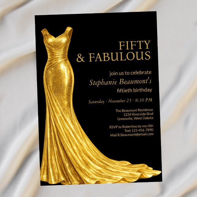 Invitation Femme Élégante Robe Dorée Fabuleuse 50e Anniversai (Créateur téléchargé)