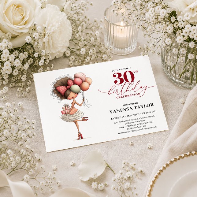 Invitation Femme Excentrique Branchée 30e Anniversaire Écritu (Trendy Quirky Woman 30th Birthday Deep Red Script Invite

)