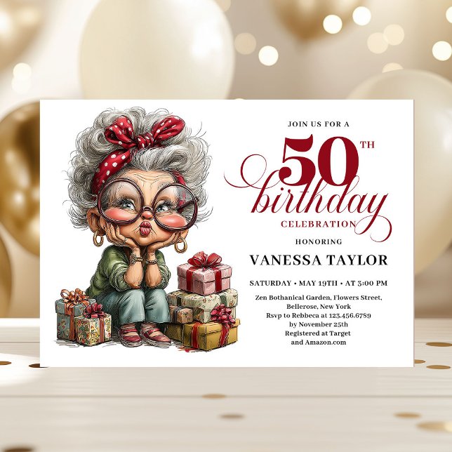 Invitation Femme Excentrique Classique 50e Anniversaire Fanta (Classic Quirky Woman 50th Birthday Whimsical Invitation)