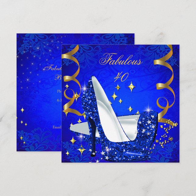 Invitation Femme Fabuleuse de 40 ans, Talons Royaux Bleu Or A (Devant / Derrière)