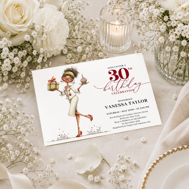 Invitation Femme Fantaisiste 30e Anniversaire Rouge Foncé Mod (Whimsical Woman 30th Birthday Deep Red Modern Invite

)