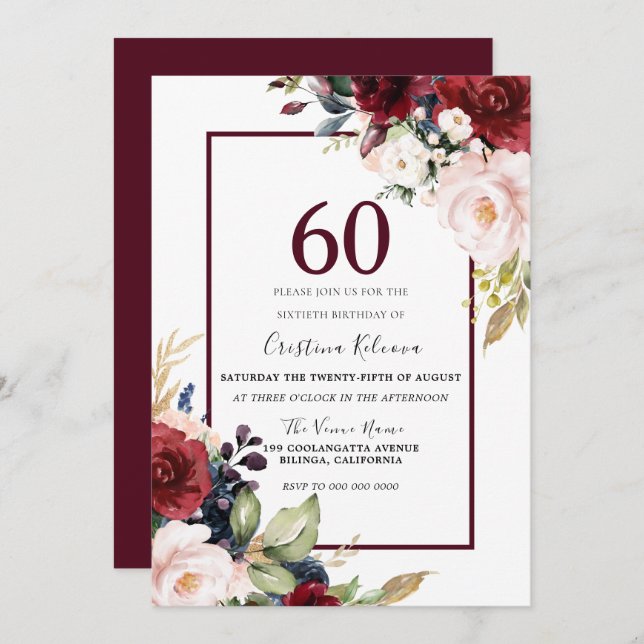 Invitation Femme florale bordeaux Mens 60e anniversaire (Devant / Derrière)