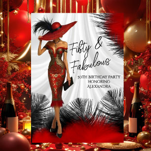 Invitation Femme Glamour Anniversaire Fabuleux Plumes Rouge N