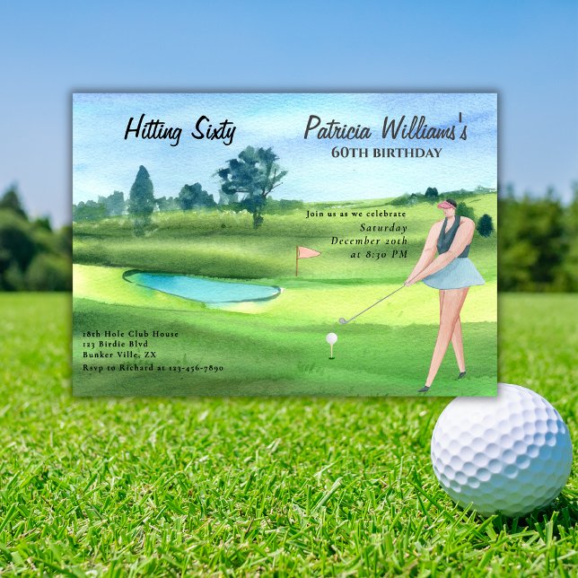Invitation Femme golfeuse frappant son soixantième 60e annive (Créateur téléchargé)