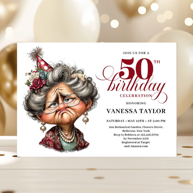 Invitation Femme grincheuse drôle capricieuse cinquantaine fê (Whimsy funny grumpy woman fifty party editable Invitation)