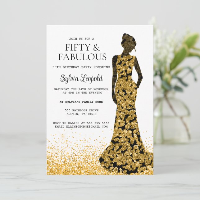 Invitation Femme noire et or en robe 50e anniversaire (Debout devant)