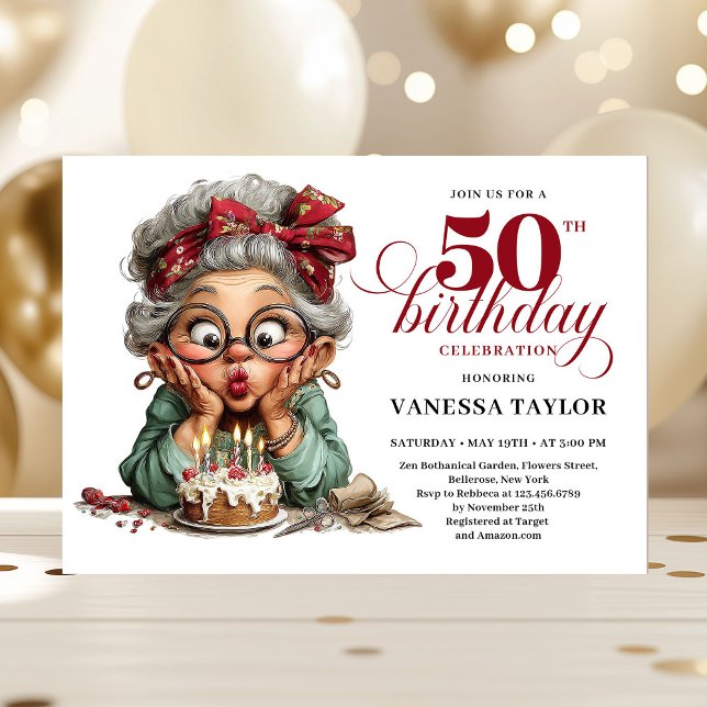 Invitation Femme originale douce 50e anniversaire humour fant (Sweet Quirky Woman 50th Birthday Whimsical Humor Invitation)