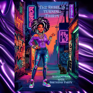 Invitation Femme rebelle Anniversaire Graffiti Néon Violet Al
