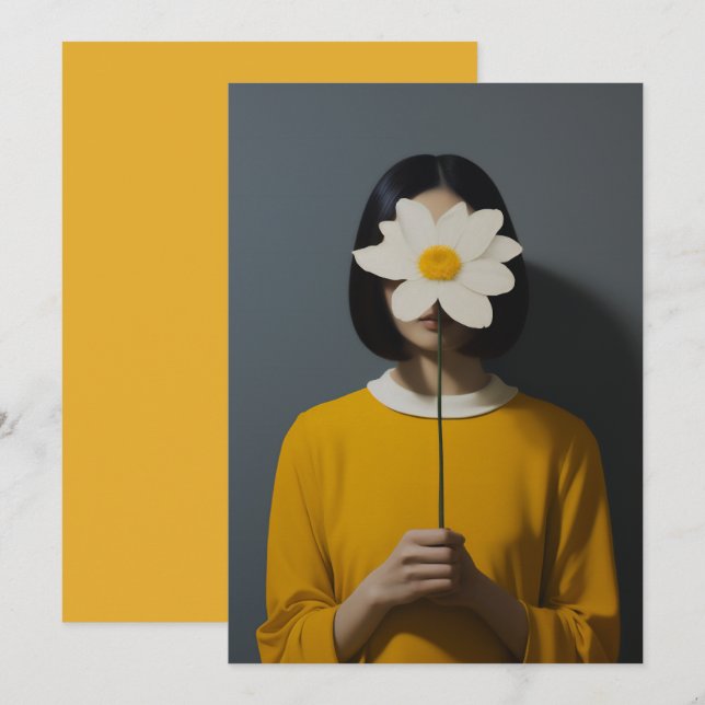 Invitation Femme robe jaune Fleur blanche (Devant / Derrière)