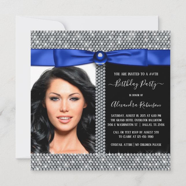 Invitation Femme Royal Blue Diamond Photo Anniversaire (Devant)