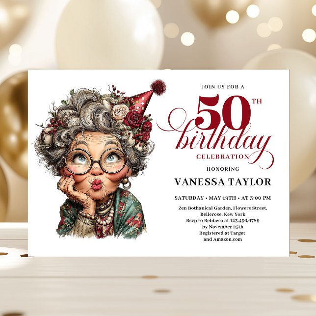 Invitation Femme rustique excentrique 50e anniversaire humour (Rustic Quirky Woman 50th Birthday Whimsical Humor Invitation)
