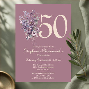 Invitation Femme Unique Anniversaire 50 Ans Crème Fleur Mauve