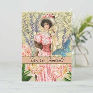 Invitation Femme victorienne florale rose Régence