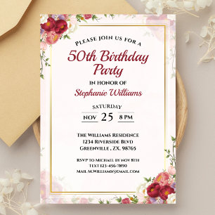 Invitation Femmes 50e anniversaire fête Elégant bouquet flora