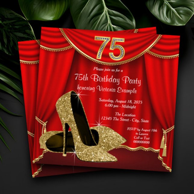 Invitation Femmes 75e anniversaire (Womans elegant red and gold 75th birthday party invitation. Simply add your event details.)