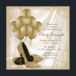 Invitation Femmes ivoire et or fête d'anniversaire Satin Part<br><div class="desc">Invitation de fête d'anniversaire de la femme crème et or avec de belles chaussures talon haute parties scintillant d'or, ballons d'or, champagne et perles sur un arrière - plan beige ivoire et tourbillon d'or. Cette élégante invitation à la fête d'anniversaire en ivoire et en or est facilement customisée pour votre...</div>